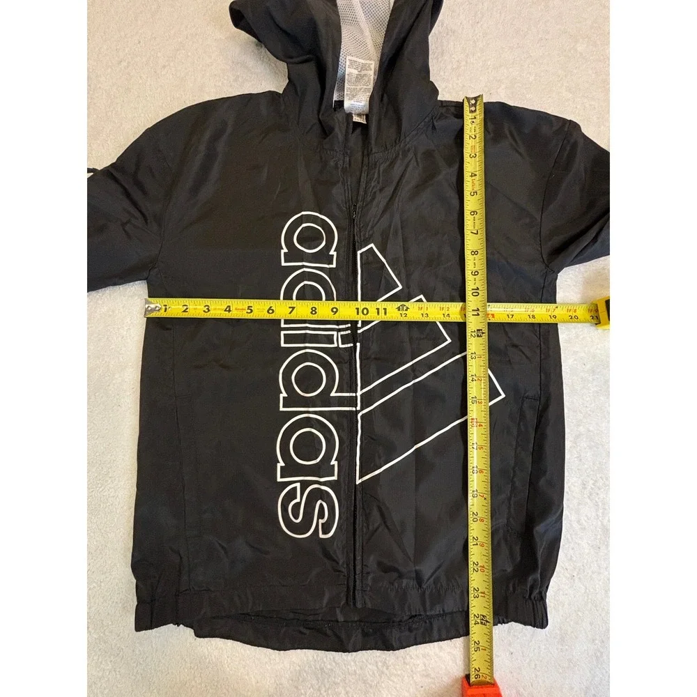 Adidas Boys Black Windbreaker Jacket Full Zip Hoodie Logo Size M 10/12